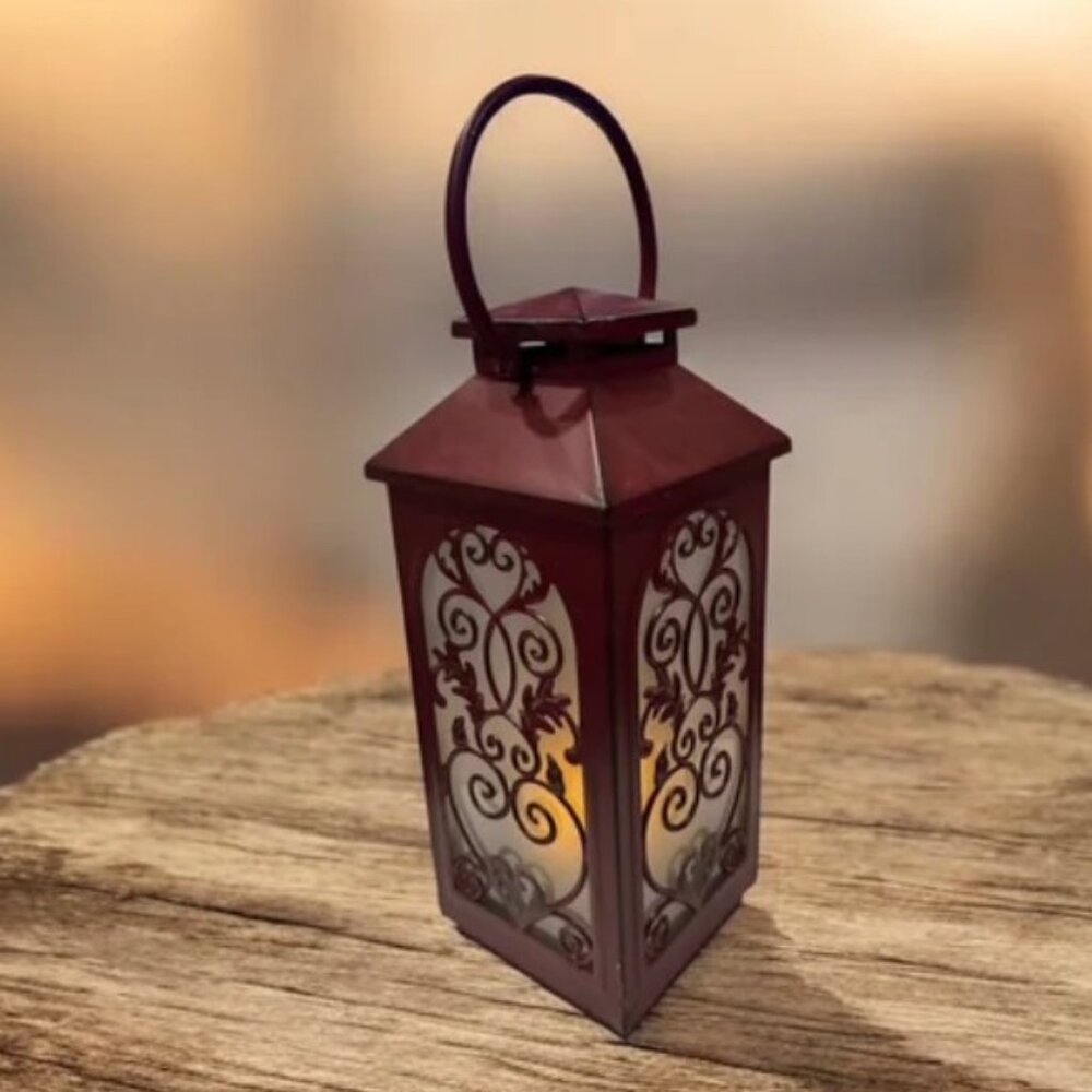 Burgundy Metal Lantern w/ Flameless Candle | Rustic Farmhouse Decor | LED Glow
